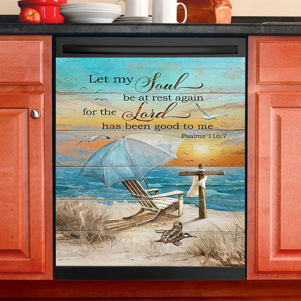 Let My Soul Be At Rest Again Blue Ocean Sunset Wooden Cross Dishwasher Cover, Bible Verse Dishwasher Wrap, Christian Kitchen Decoration