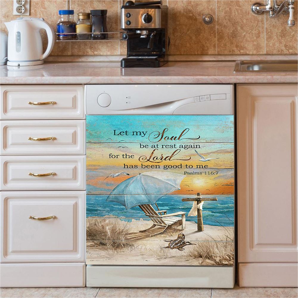 Let My Soul Be At Rest Again Blue Ocean Sunset Wooden Cross Dishwasher Cover, Bible Verse Dishwasher Wrap, Christian Kitchen Decoration