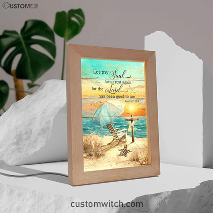 Let My Soul Be At Rest Again Blue Ocean Sunset Wooden Cross Frame Lamp Art - Bible Verse Wooden Lamp - Christian Home Decor