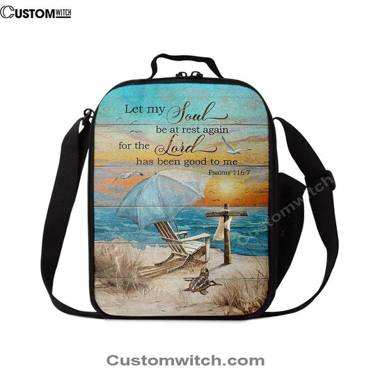 Let My Soul Be At Rest Again Blue Ocean Sunset Wooden Cross Lunch Bag, Christian Lunch Box For School, Picnic