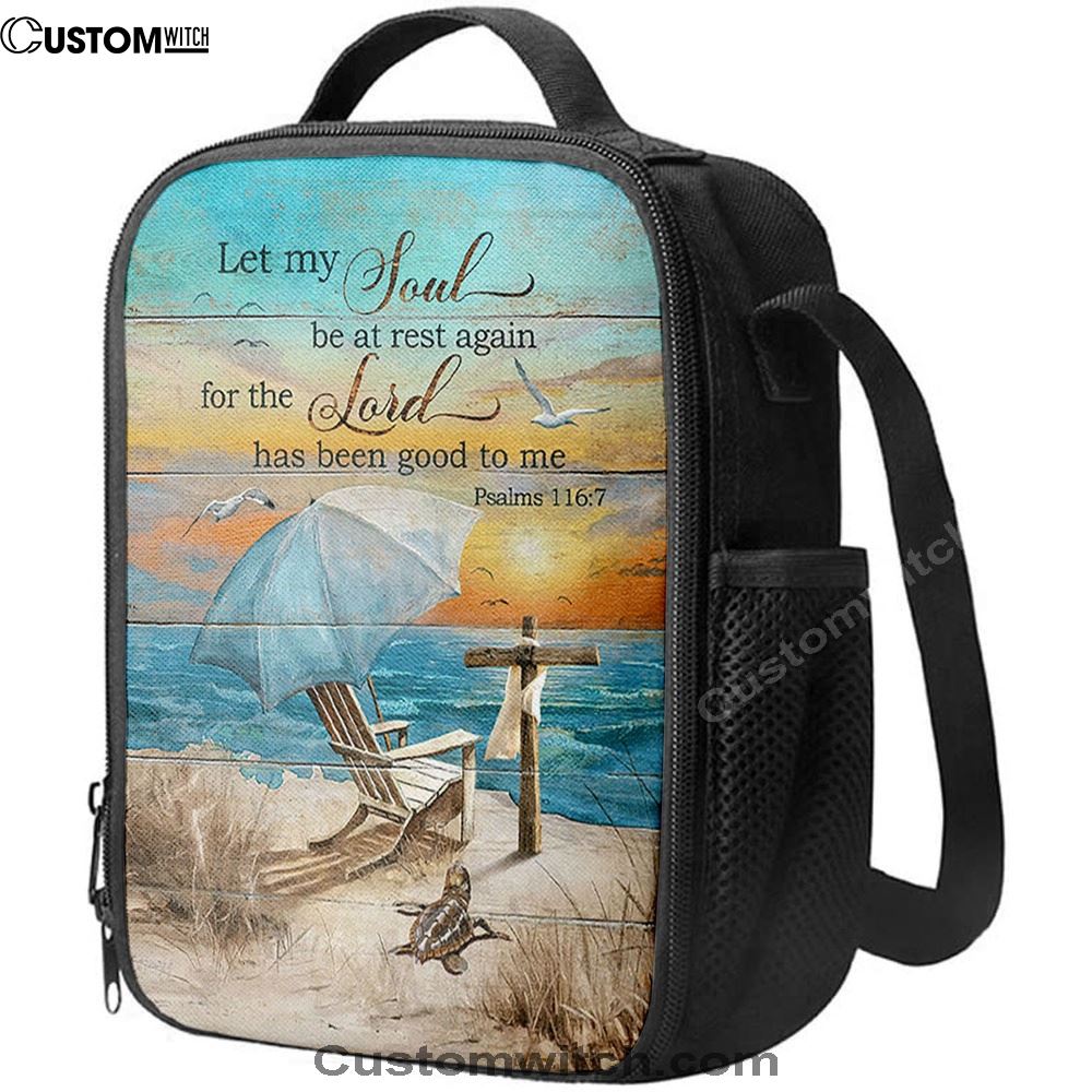 Let My Soul Be At Rest Again Blue Ocean Sunset Wooden Cross Lunch Bag, Christian Lunch Box For School, Picnic