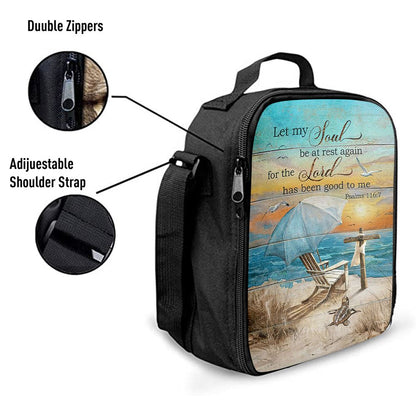 Let My Soul Be At Rest Again Blue Ocean Sunset Wooden Cross Lunch Bag, Christian Lunch Box For School, Picnic