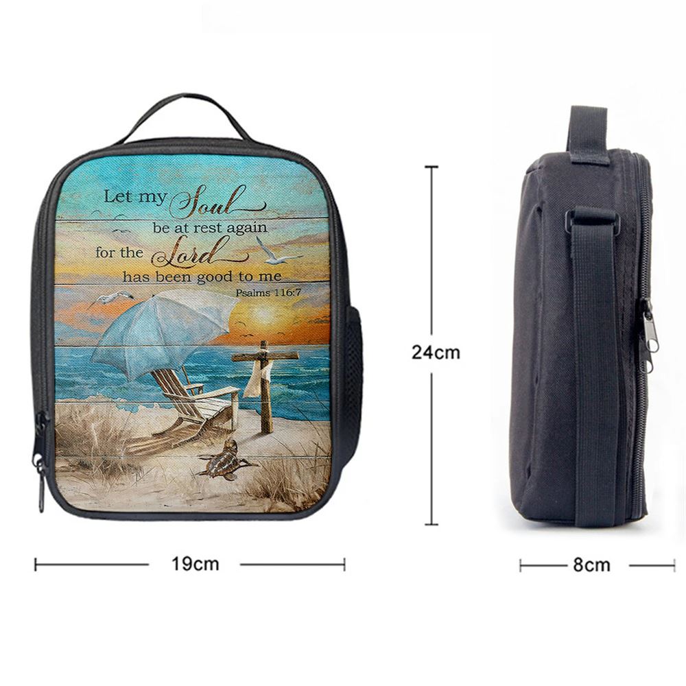 Let My Soul Be At Rest Again Blue Ocean Sunset Wooden Cross Lunch Bag, Christian Lunch Box For School, Picnic