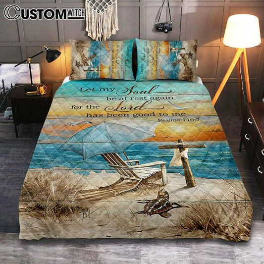 Let My Soul Be At Rest Again Blue Ocean Sunset Wooden Cross Quilt Bedding Set Bedroom - Bible Verse Quilt Bedding Set Art - Christian Home Decor