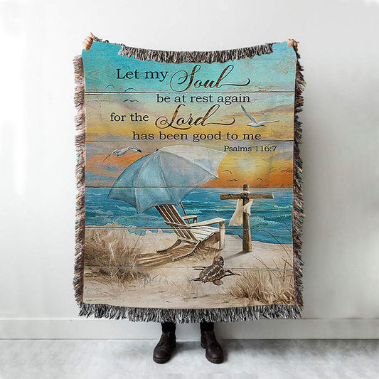 Let My Soul Be At Rest Again Blue Ocean Sunset Wooden Cross Woven Throw Blanket - Bible Verse Woven Blanket Art - Christian Home Decor