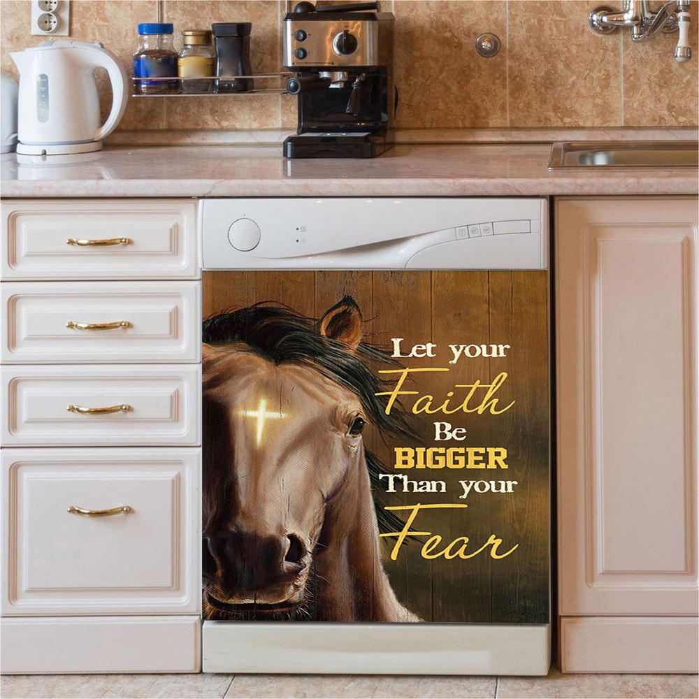 Let Your Faith Be Bigger Than Your Fear Face Of Horse Cross Dishwasher Cover, Lion Dishwasher Wrap, Christian Kitchen Decoration