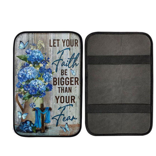 Let Your Faith Be Bigger Than Your Fear Flower Blue Butterfly Car Armrest Pad - Lion Christian Car Center Console Cover