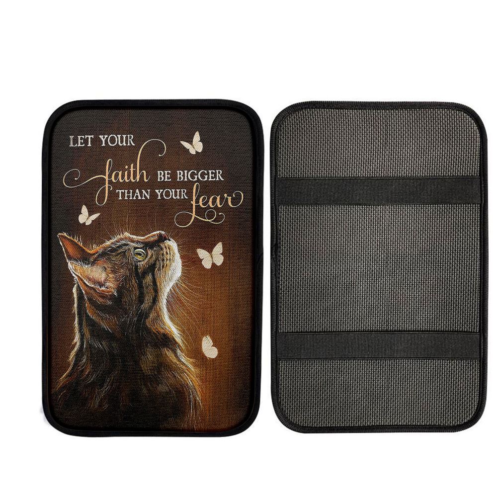 Let Your Faith Tabby Cat White Butterfly Car Center Console Cover - Gift For Cat Lover, Christian Gift Car Armrest Pad