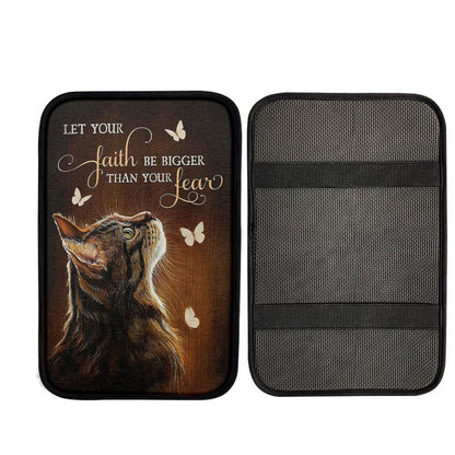Let Your Faith Tabby Cat White Butterfly Car Center Console Cover - Gift For Cat Lover, Christian Gift Car Armrest Pad