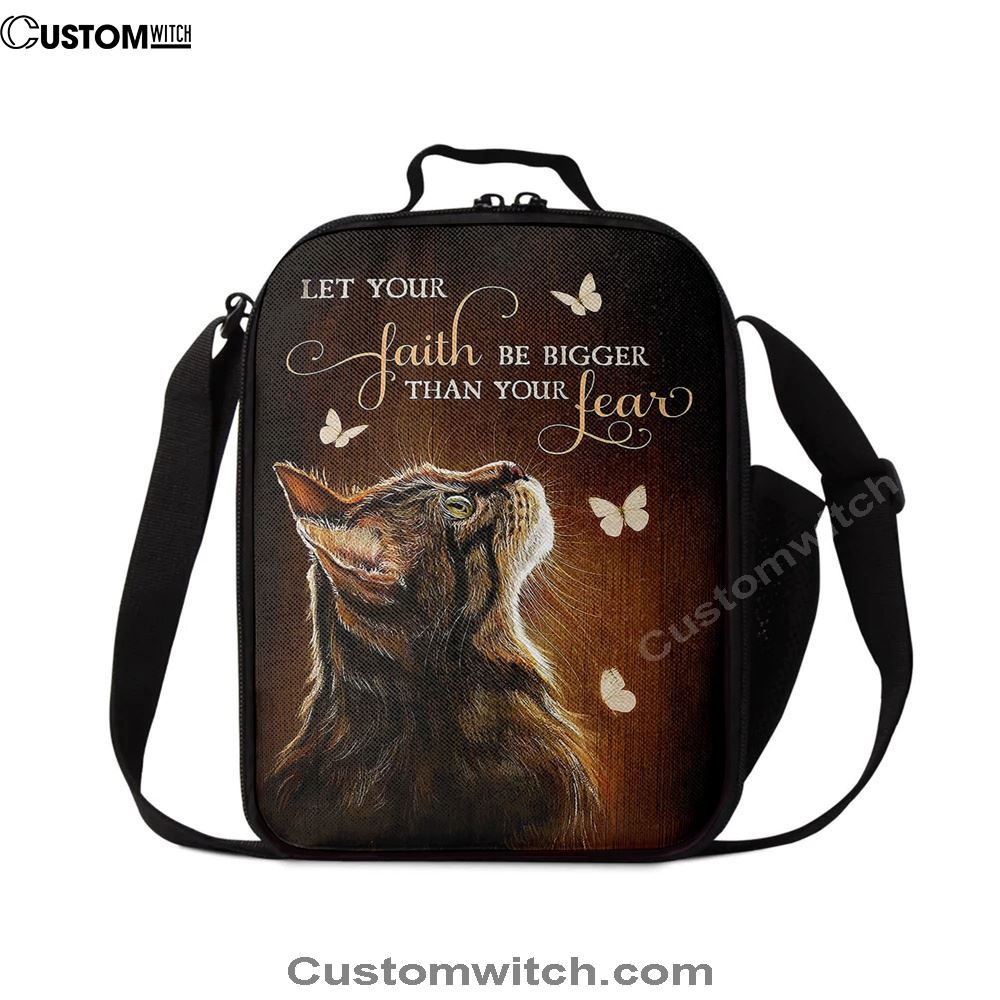 Let Your Faith Tabby Cat White Butterfly Lunch Bag Decor - Gift For Cat Lover, Christian Lunch Box For School, Picnic