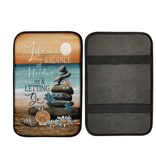 Life Is A Balance Of Holding On And Letting Go Car Armrest Pad - Beach Scene Pebble Daisy Flower Car Center Console Cover