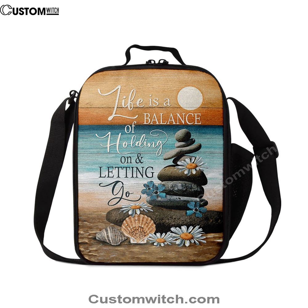 Life Is A Balance Of Holding On And Letting Go Lunch Bag - Beach Scene Pebble Daisy Flower Lunch Bag, Christian Lunch Box For School, Picnic