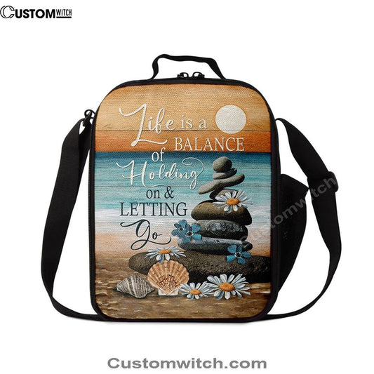 Life Is A Balance Of Holding On And Letting Go Lunch Bag - Beach Scene Pebble Daisy Flower Lunch Bag, Christian Lunch Box For School, Picnic