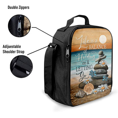 Life Is A Balance Of Holding On And Letting Go Lunch Bag - Beach Scene Pebble Daisy Flower Lunch Bag, Christian Lunch Box For School, Picnic