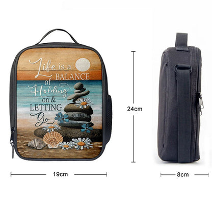 Life Is A Balance Of Holding On And Letting Go Lunch Bag - Beach Scene Pebble Daisy Flower Lunch Bag, Christian Lunch Box For School, Picnic