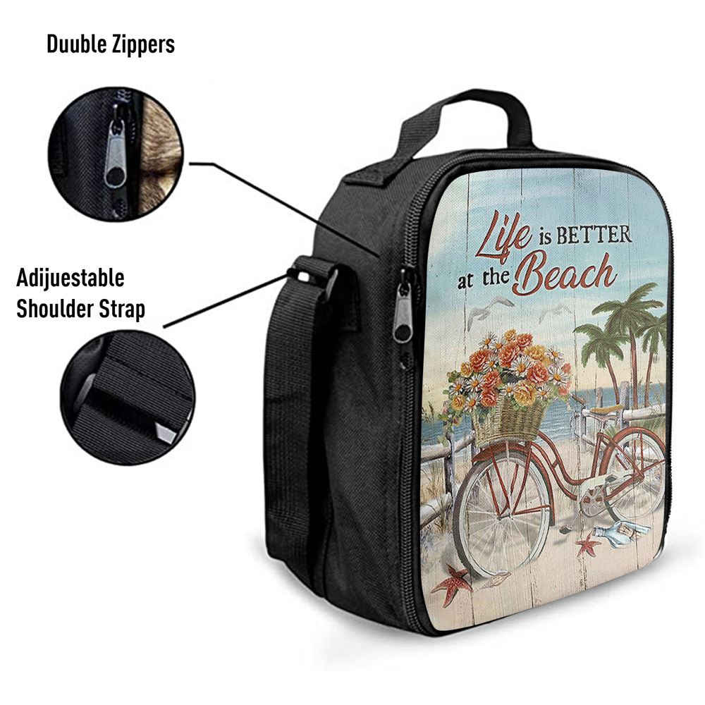 Life Is Better At The Beach Flower Basket Beach Cruiser Lunch Bag, Christian Lunch Box For School, Picnic