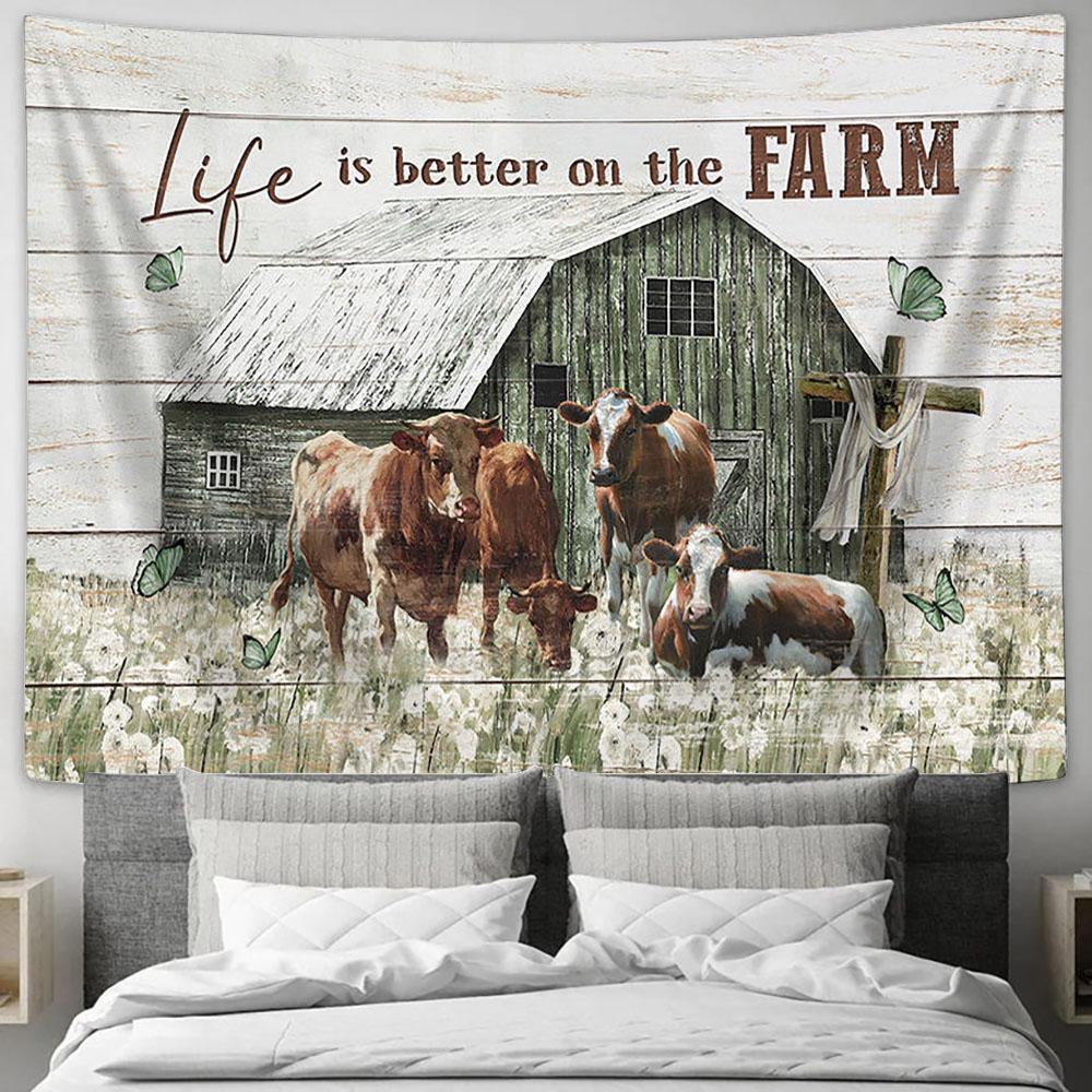 Life Is Better On The Farm Cow Dandelion Field Old Barn Tapestry Wall Art - Bible Verse Tapestry - Religious Tapestry Wall Hanging