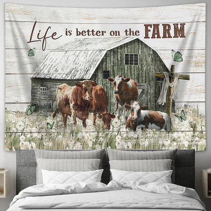 Life Is Better On The Farm Cow Dandelion Field Old Barn Tapestry Wall Art - Bible Verse Tapestry - Religious Tapestry Wall Hanging