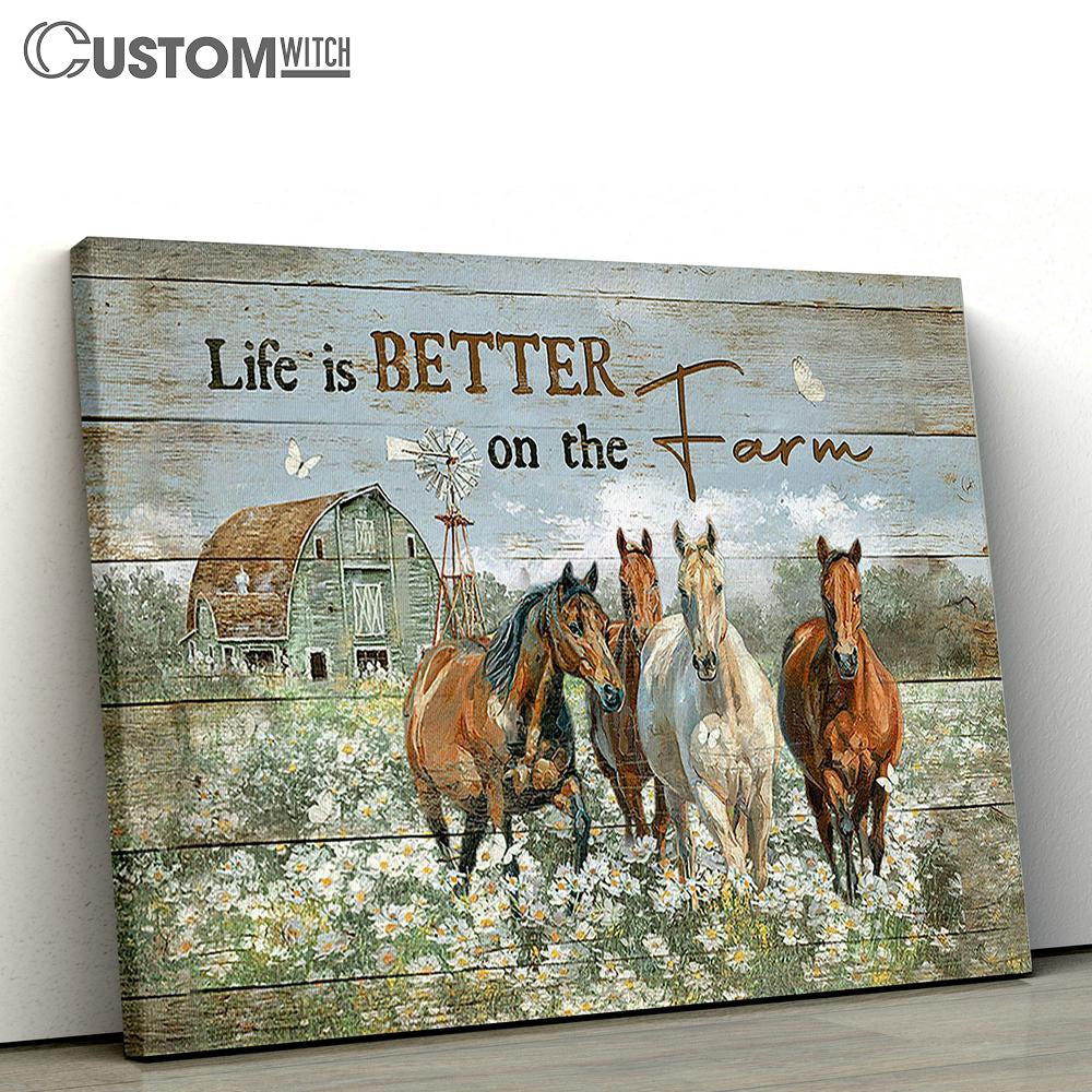 Life Is Better On The Farm Running Horse Daisy Field Wall Art Canvas - Christian Wall Decor - Gifts For Horse Lovers