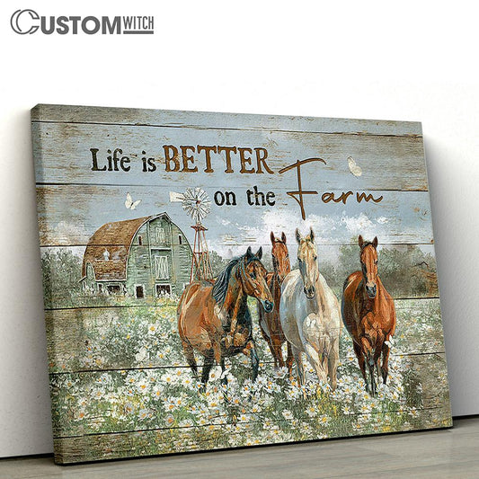 Life Is Better On The Farm Running Horse Daisy Field Wall Art Canvas - Christian Wall Decor - Gifts For Horse Lovers