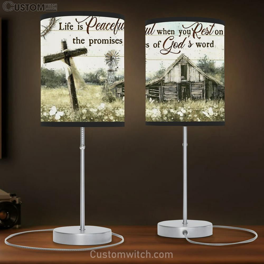 Life Is Peaceful When You Rest On The Promises Of God's Word Flower Garden Large Table Lamb - Religious Table Lamb Art