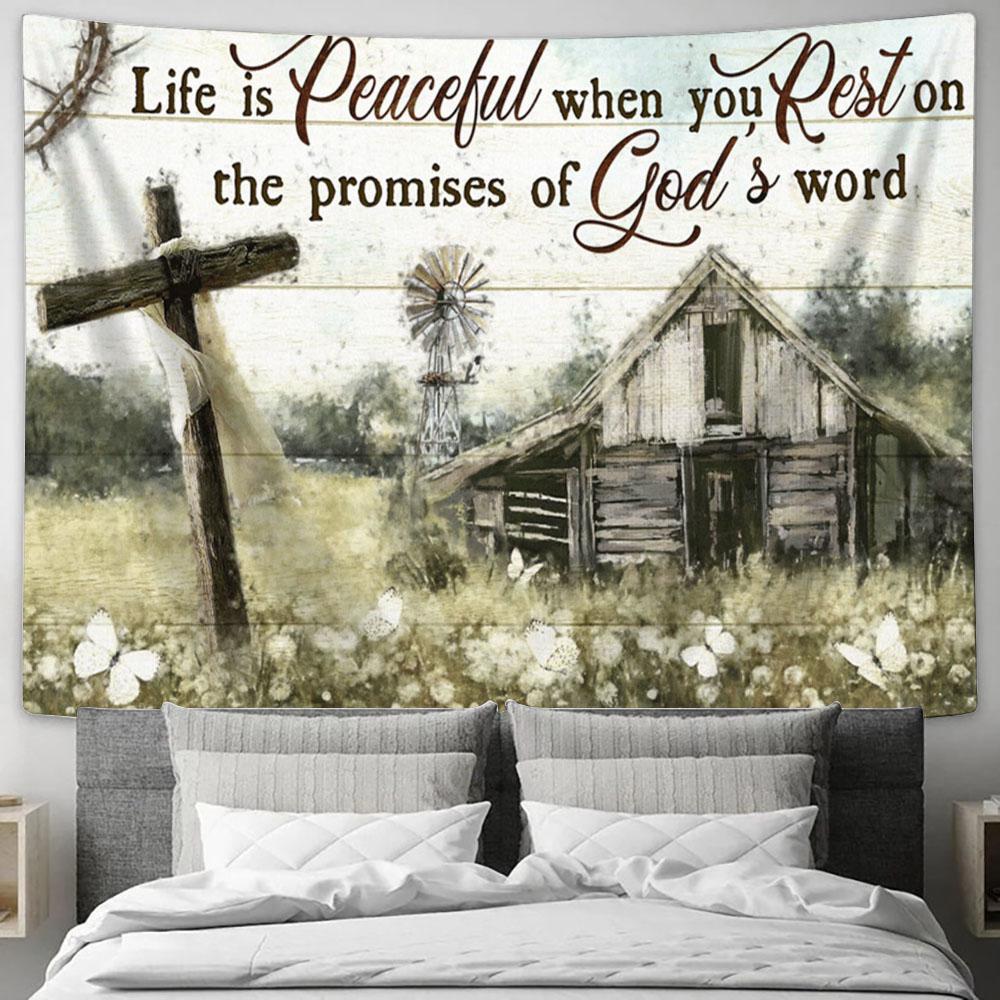 Life Is Peaceful When You Rest On The Promises Of God's Word Flower Garden Large Tapestry - Religious Tapestry Art