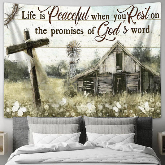 Life Is Peaceful When You Rest On The Promises Of God's Word Flower Garden Large Tapestry - Religious Tapestry Art