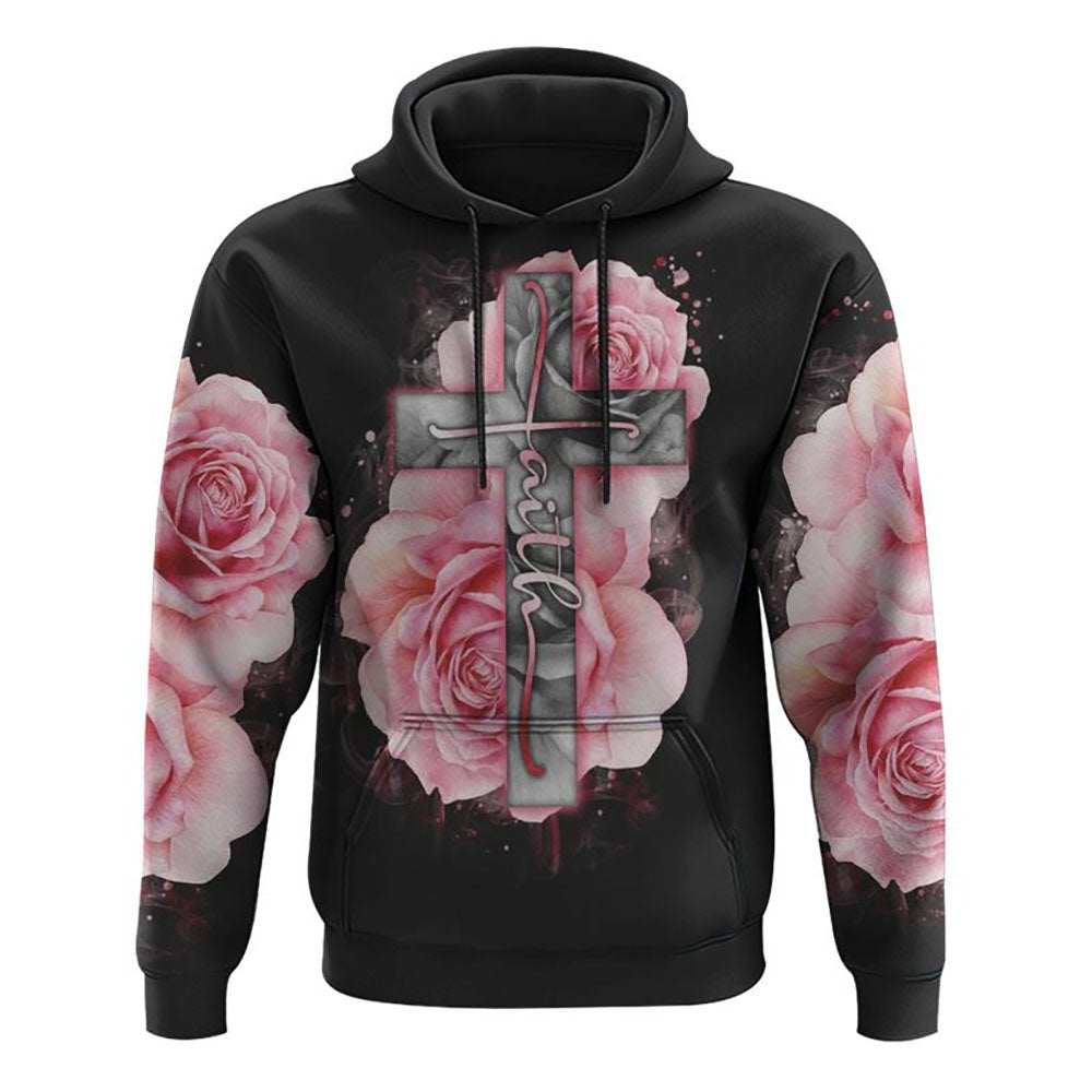 Light Pink Cross Roses Smoke All Over Print 3D Hoodie, Christian Hoodie, Christian Sweatshirt, Bible Verse Shirt