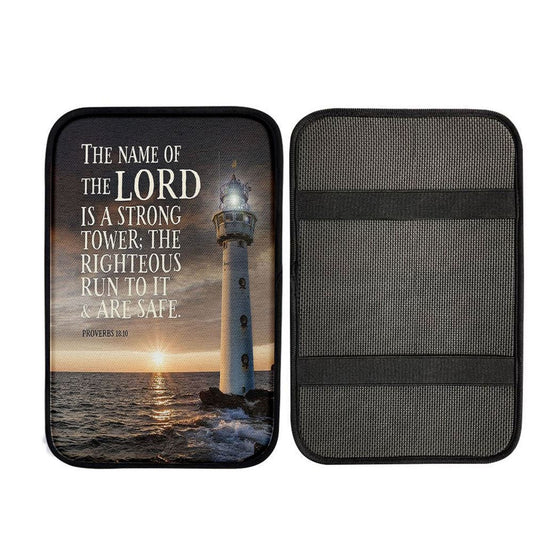 Lighthouse Car Armrest Pad - Proverbs 18 10 - The Name Of The Lord Is A Strong Tower, Christian Gift Car Armrest Pad