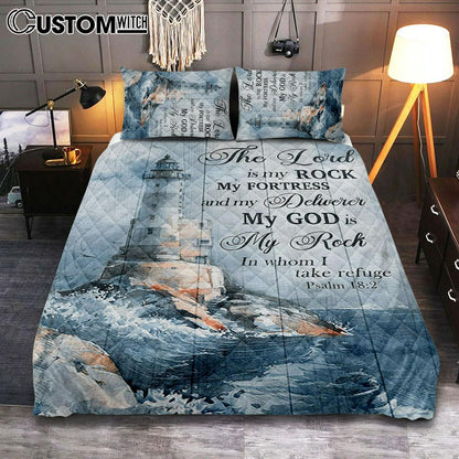Lighthouse Storm The Lord Is My Rock In Whom I Take Refuge Quilt Bedding Set Prints - Christian Cover Twin Bedding Decor - Bible Verse Quilt Bedding Set Art