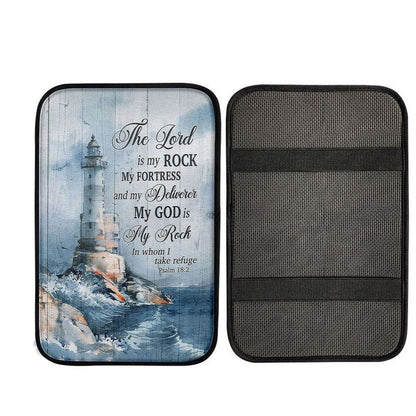 Lighthouse The Lord Is My Rock Car Center Console Cover, Christian Gift Car Armrest Pad