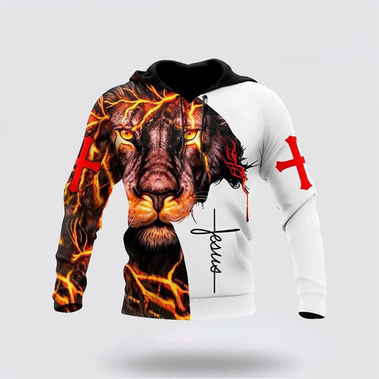 Lightning Lion And Jesus Cross 3D Hoodies For Women Men, God 3D Printed Hoodie, Christian Apparel Hoodies