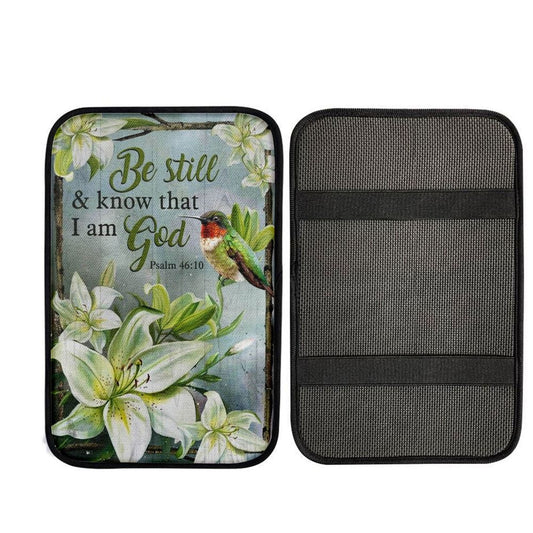 Lily Flowers Hummingbird Be Still And Know That I Am God Car Center Console Cover, Car Armrest Pad, Christian Gift, Armrest Box Mat