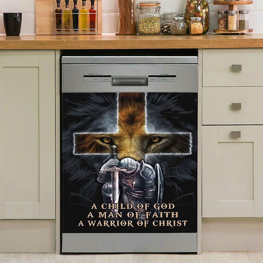 Lion A Child Of God A Man Of Faith A Warrior Of Christ Dishwasher Cover, Christian Dishwasher Wrap, Religious Kitchen Decoration