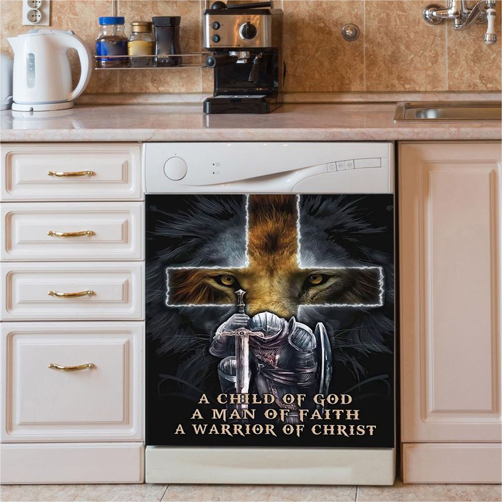 Lion A Child Of God A Man Of Faith A Warrior Of Christ Dishwasher Cover, Christian Dishwasher Wrap, Religious Kitchen Decoration