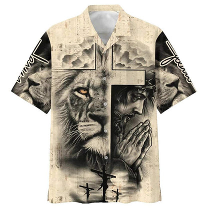Lion And Jesus Christian Faith Cross Religious Hawaiian Shirt For Men, Christian Hawaiian Shirt, Gift For Christian