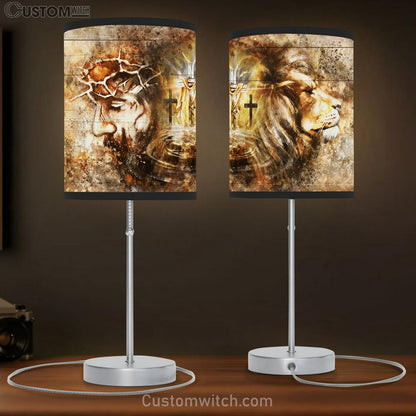 Lion And Jesus Cross Large Table Lamb - Christian Table Lamb Prints - Religious Table Lamb Art
