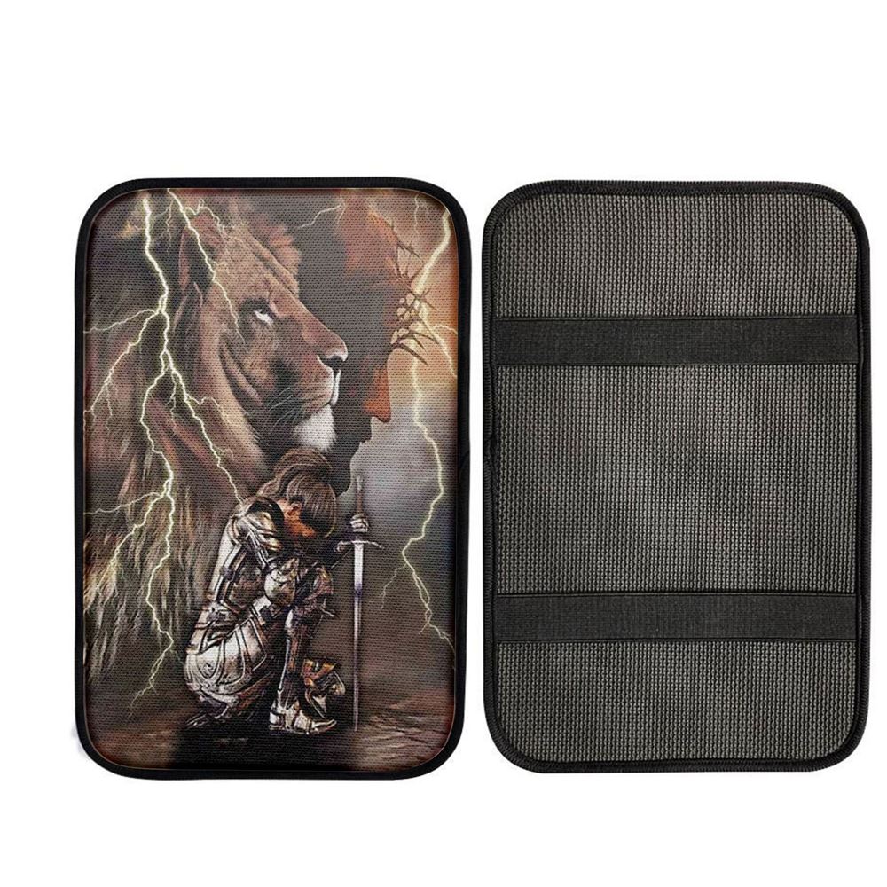 Lion And Knight Jesus Female Warrior Car Center Console Cover, Christian Gift Car Armrest Pad