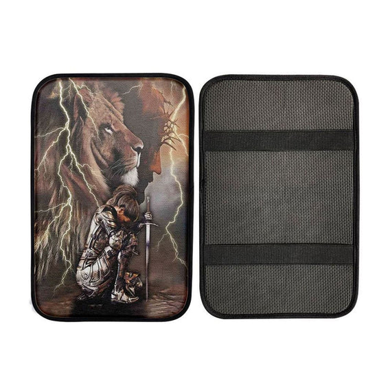 Lion And Knight Jesus Female Warrior Car Center Console Cover, Christian Gift Car Armrest Pad