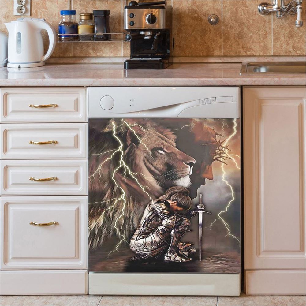 Lion And Knight Jesus Female Warrior Dishwasher Cover, Christian Dishwasher Wrap, Religious Kitchen Decoration