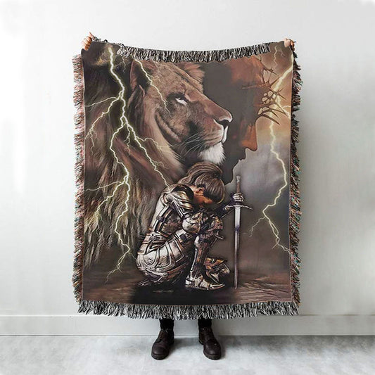 Lion And Knight Jesus Female Warrior Woven Throw Blanket - Christian Home Decor - Religious Art