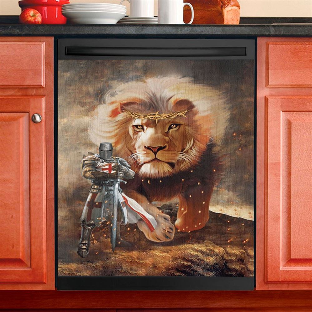 Lion And Knight Templar Jesus Dishwasher Cover, Jesus Christ Dishwasher Wrap, Christian Kitchen Decoration