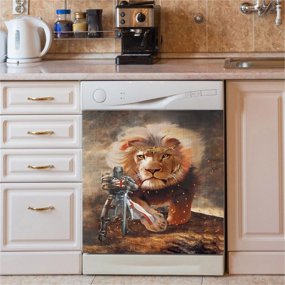 Lion And Knight Templar Jesus Dishwasher Cover, Jesus Christ Dishwasher Wrap, Christian Kitchen Decoration