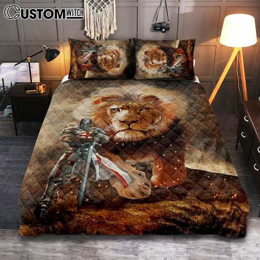 Lion And Knight Templar Jesus Quilt Bedding Set Prints - Jesus Christ Quilt Bedding Set Art - Christian Cover Twin Bedding Decor