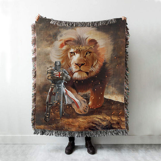 Lion And Knight Templar Jesus Woven Blanket Prints - Jesus Christ Woven Blanket Art - Christian Boho Blanket