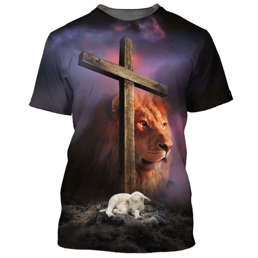 Lion And Lamb Cross Of Christ All Over Print 3D T Shirt For Men And Women, Christian T-Shirt, Faith Shirt