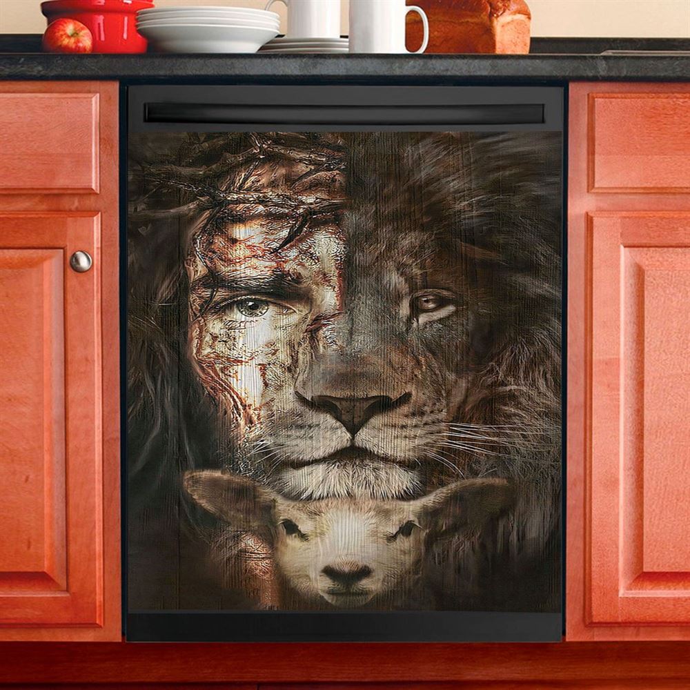 Lion And Lamb Dishwasher Cover, Christian Dishwasher Wrap, Religious Kitchen Decoration