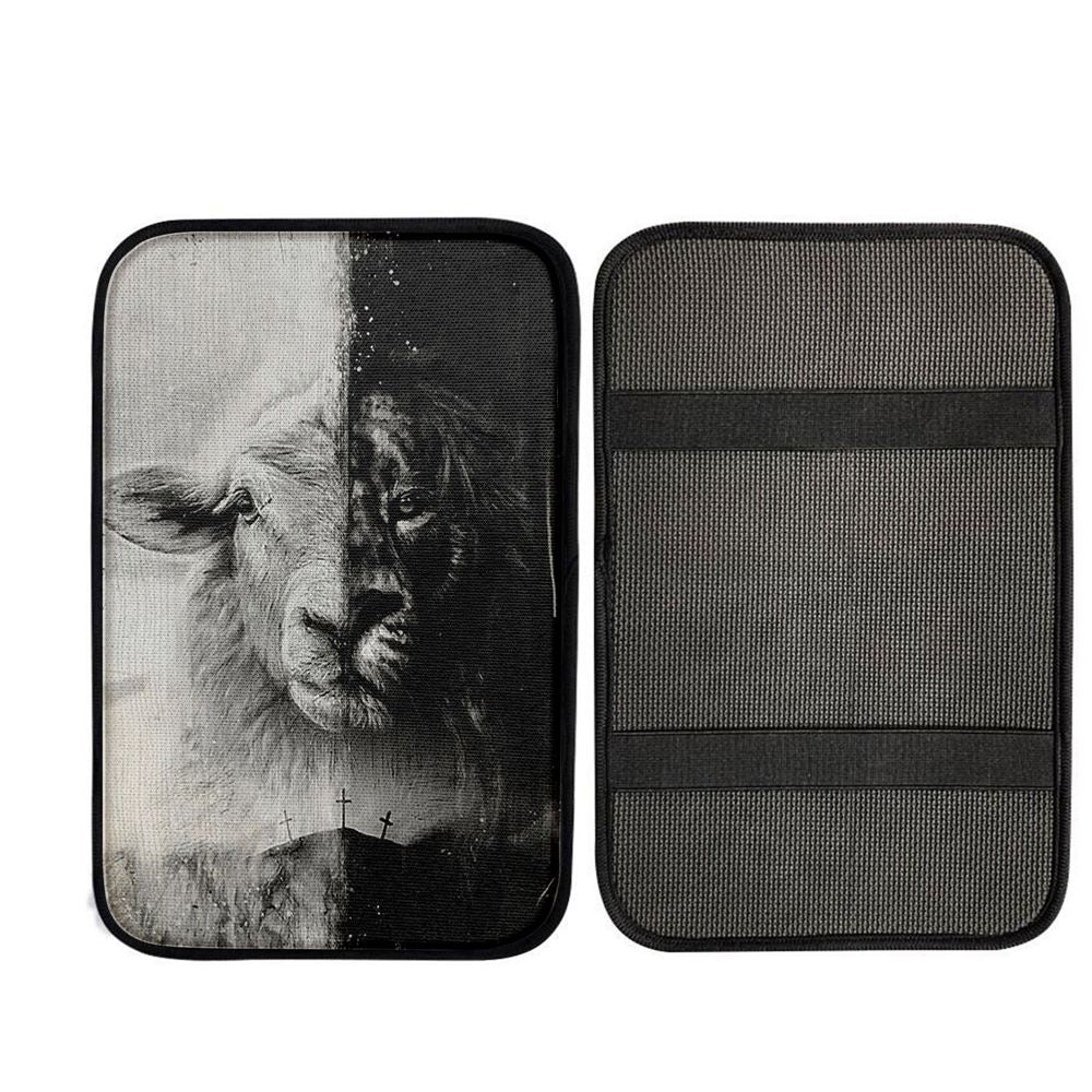 Lion And Lamb Face Car Armrest Pad - Lion Car Center Console Cover, Christian Gift Car Armrest Pad
