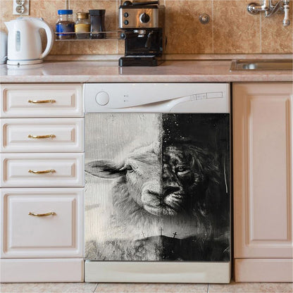 Lion And Lamb Face Dishwasher Cover, Lion Dishwasher Wrap, Christian Kitchen Decoration
