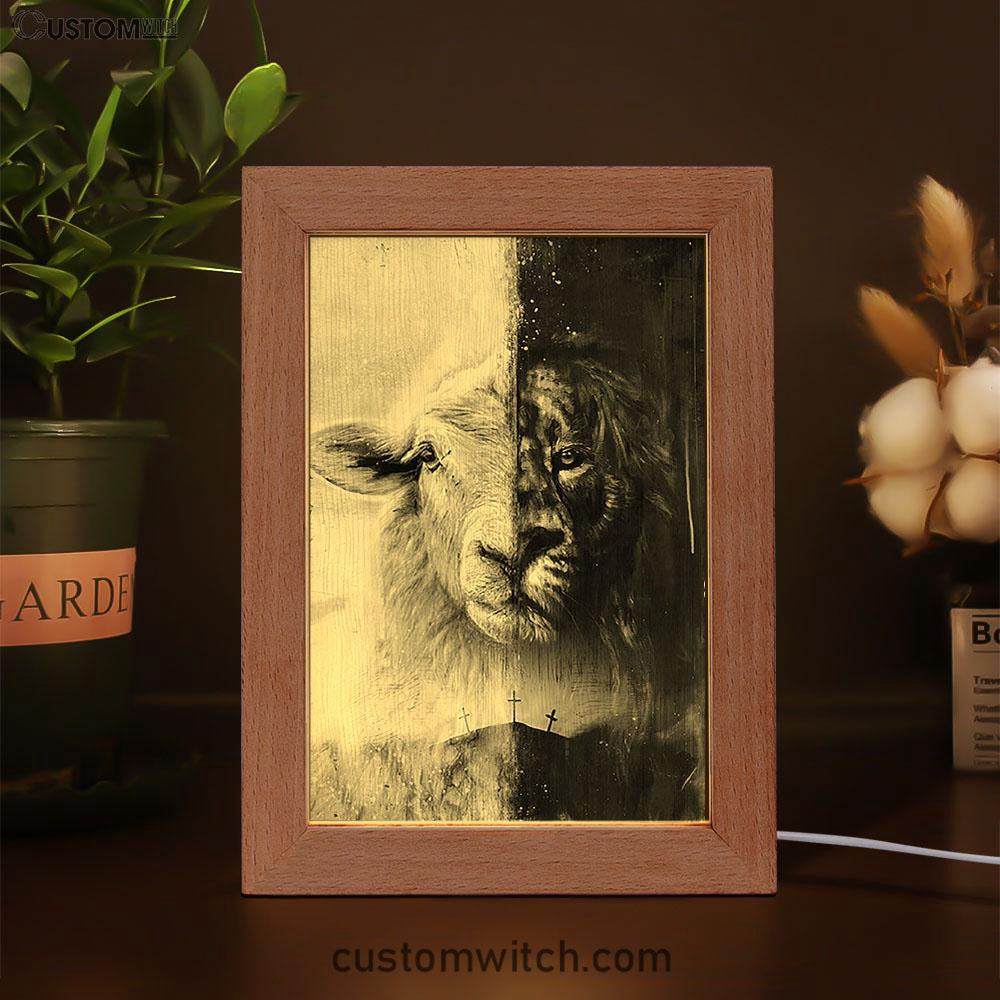 Lion And Lamb Face Frame Lamp - Lion Frame Lamp Print - Christian Art - Religious Home Decor